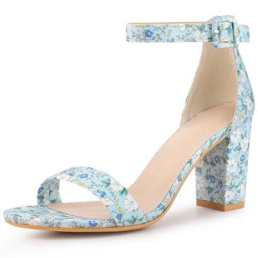 Imagem de Allegra K Sandálias femininas de verão de salto alto com estampa floral, Azul, 36