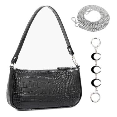 Imagem de Yuni Sophy Bolsa feminina texturizada, bolsa de ombro pequena com corrente de 70 cm, faça você mesmo, deslocamento diário, encontros casuais, Preto - M, Small, Lazer, clássica, versátil