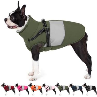 Imagem de AOFITEE Casaco de cachorro, jaqueta impermeável para cães, casaco para cães com arnês embutido, jaqueta acolchoada quente para cães com zíper, suéter refletivo de neve para animais de estimação para