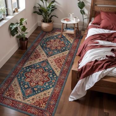 Imagem de Tangsoo Tapete vintage vermelho azul 5 x 12 lavável para entrada, antiderrapante, pequeno, azul escuro laranja tapete para porta da frente interna