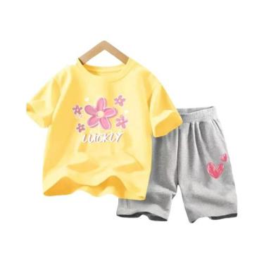 Imagem de Conjunto De Roupas De Verão Para Meninas Camiseta Com Flores E Shorts 
