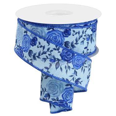 Imagem de Mini fita de rosas com fio para laços, grinaldas, embrulho de presente, arranjos florais, artesanato e decorações (azul claro, azul, multi, 3,8 cm de largura x 10 jardas)