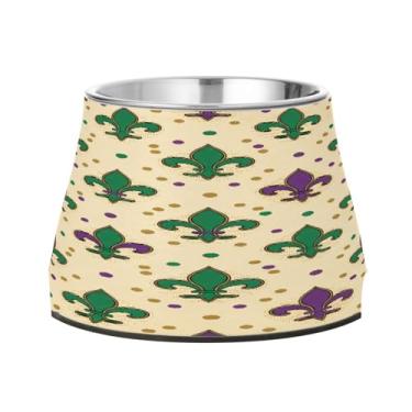 Imagem de CEBUGI Tigelas de aço inoxidável para cães e gatos, resistentes à ferrugem, removíveis, para animais de estimação elevadas, antiderrapante, para alimentação de cães e gatos, estampa flor-de-lis