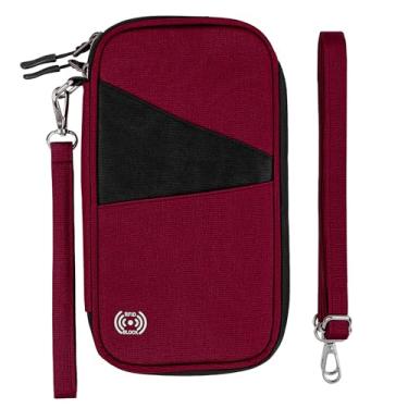 Imagem de Porta-passaporte para família, carteira feminina com bloqueio de RFID e zíper, organizador de documentos de viagem, carteira premium para passaporte, Vermelho, Minimalista