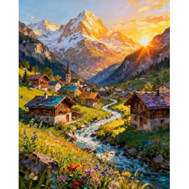 Imagem de AWLNKMC Tinta Sunrise Mountain House por números para adultos, kits de pintura DIY por números para adultos iniciantes sem moldura, kits de pintura em tela acrílica para decoração de casa 40,6 x 50,8