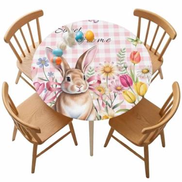 Imagem de Capa de toalha de mesa redonda com flores de coelho marrom elástico para mesas de 91,4 a 111,8 cm, folhas de borboleta, rosa, xadrez, impermeável, limpável, para piquenique, acampamento, jantar