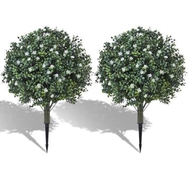 Imagem de Árvores de topiária de buxo artificial com flores de hálito de bebê com pontas para uso ao ar livre 61 cm, conjunto de 2, arbustos artificiais resistentes a UV, planta de arbustos falsos realistas