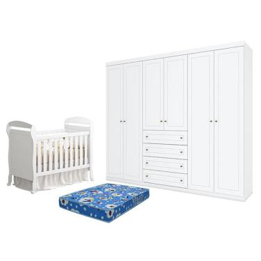 Imagem de Berço Americano Danny Branco Acetinado Reller e Guarda Roupa Casal Americano 6 portas Branco HP e Colchão Ortobom - Henn.