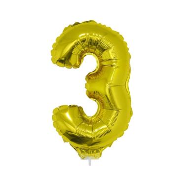 Imagem de Balão Metalizado 16" Funny Número 3 Dourado com Suporte