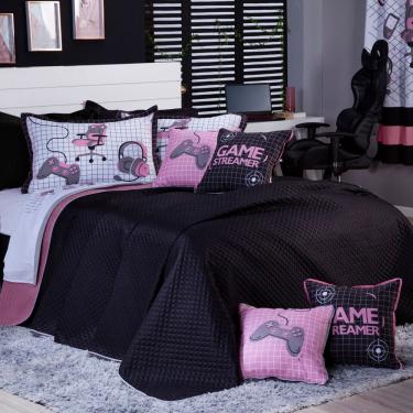 Imagem de Kit Cobre Leito Colcha Queen Game Streamer Rosê Dupla Face Com Almofadas Estampadas 07...
