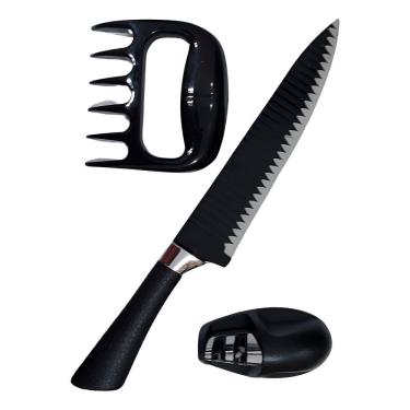 Imagem de Kit Para Churrasco 3 Peças Faca Garra Amolador Profissional - Preto