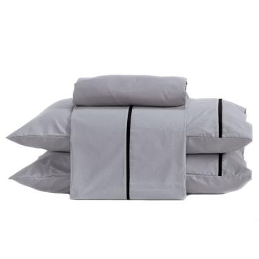 Imagem de Jogo De Cama Lençol Queen Milano Liso Com Fronhas Viés 04 Peças - Percal Algodão 200 Fios Cor Cinza