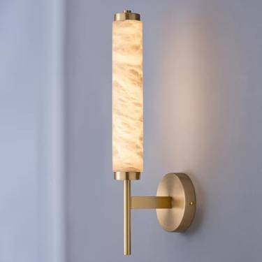 Imagem de DZQWLL Arandela de parede dourada, lâmpada de parede de mármore moderna, luminárias de parede de banheiro de meados do século, lâmpada de parede de latão escovado industrial para espelho de quarto