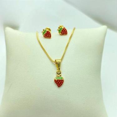 Imagem de Conjunto Infantil Brinco e Colar Morango Folheado a Ouro - Tarraxa Bab