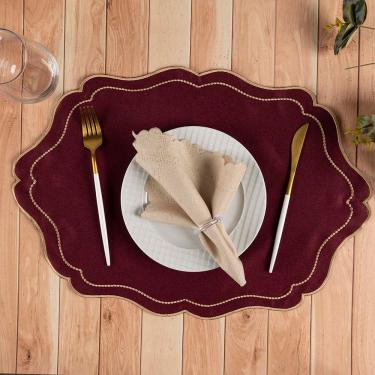 Imagem de Jogo Americano Realeza Bordado 12 Peças em 100% Poliéster com Sobreposição Decorativa para Mesa de Jantar Bordô Clara