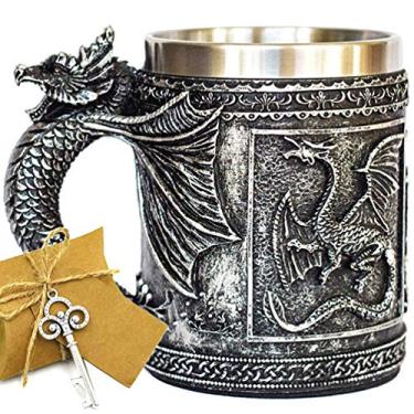 Imagem de Caneca de jogo Medieval GOT Dragon D&D colecionável of Thrones Merchandise - Caneca de caneca de cerveja Viking Caneca de presente de aço inoxidável para colecionador de dragões, decoração de festa