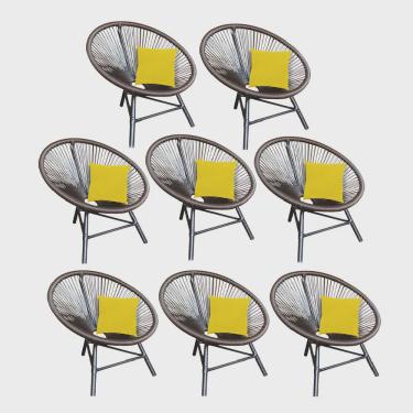 Imagem de Kit 08 Poltrona Cadeira Acapulco Sala Jardim Varanda Marrom Com Almofada Quadrada Tecido Sintético Amarelo - Ahazzo Móveis