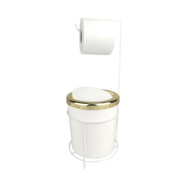 Imagem de Kit Suporte Porta Papel Higiênico Lixeira 5L Cesto Lixo Tampa Basculante Redonda Banheiro Branco Dourado - amz
