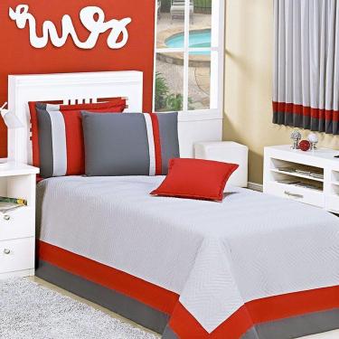 Imagem de Cobre Leito Solteiro Stylo Tecido Micro Fibra Matelado 6 Peças - Cinza e Vermelho
