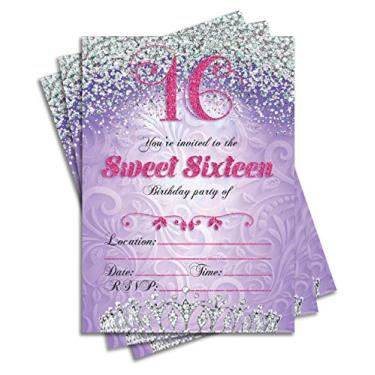 Imagem de Convites para festa de aniversário de 16 anos com dupla face, roxo, conjunto de 25 convites de 16 anos para meninas de 15 x 17 anos inclui envelopes