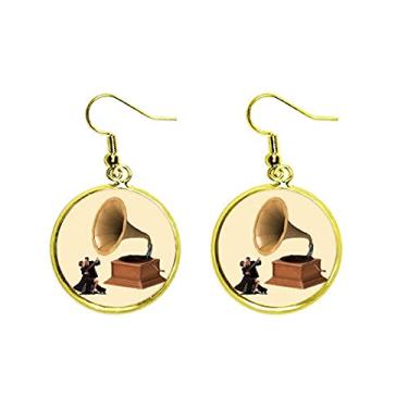 Imagem de Brinco de gota dourada com pingente de orelha de dança Gramofone instrumento clássico de música mulher, metal