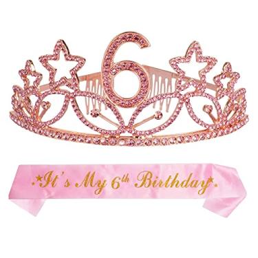 Imagem de Presentes de 6º aniversário para meninas, tiara de 6º aniversário e rosa faixa, artigos de festa de 6º aniversário felizes, 6 e fabulosa faixa de cetim com glitter e coroa de aniversário de tiara de cristal para suprimentos de festa de 6º aniversário