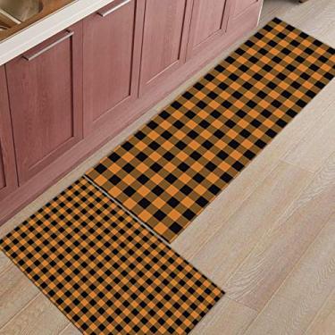 Imagem de Tapete de corredor de cozinha, Halloween outono amarelo preto xadrez antiderrapante tapete de corredor tapete tapete de porta tapete para lavanderia, banheiro, quarto, conjunto de 2