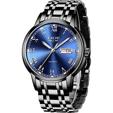 Imagem de Relógios, relógio masculino de aço inoxidável completo azul masculino de quartzo luminoso analógico relógio de pulso moda casual de negócios relógio de pulso prata impermeável 30 m