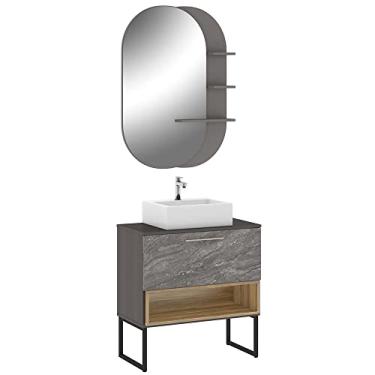 Imagem de Conjunto Banheiro Gabinete 80cm Com Pés Cuba E Espelho Vicenza B06 Branco Magneto Nogal - Lyam Decor
