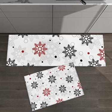 Imagem de Conjunto de 2 tapetes de cozinha com estampa geométrica de floco de neve de Natal vermelho preto cinza inverno para tapetes acolchoados e tapetes antiderrapantes absorventes corredor confortável tapete de pé
