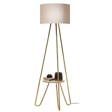 Imagem de Luminaria de Chão Abajur Estilo Industrial Cupula Redonda Pé De ferro Design Moderno Com Prateleira (Bege Pé Dourado)