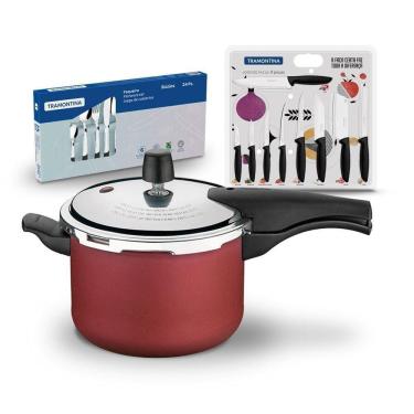 Imagem de Kit - Panela De Pressão 4,5 Vermelha + 1 Conjunto Facas 9pç + 1 Faqueiro Inox 24pç - Tramontina