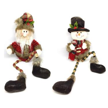 Imagem de Jogo Papai Noel e Boneco de Neve Pelúcia Sentado Rústico Perna Miçanga Madeira 46cm - Master Christmas