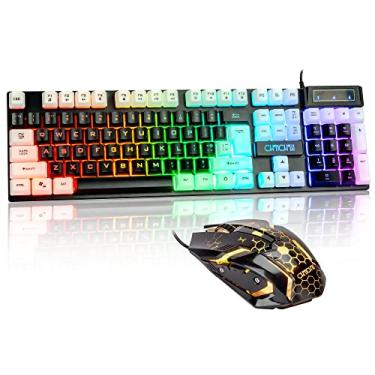 Imagem de CHONCHOW Combinação de teclado e mouse iluminados, teclado de jogo RGB de tamanho completo e mouse de jogos com fio arco-íris, combinação de mouse e teclado de jogos com LED para PS4 PS5 Xbox One computador desktop PC Gamer Office