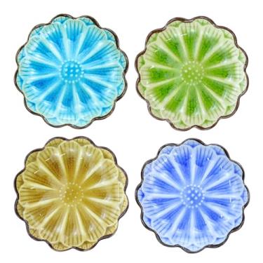 Imagem de Gaolinci Pratos de tempero de cerâmica em forma de lótus de 10 cm / suportes para saquinhos de chá/pires de ketchup/pratos de aperitivo/vinagre especiarias salada soja sushi wasabi tempero pratos de