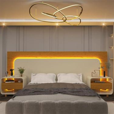 Imagem de Cabeceira Box Casal com 2 Mesas de Cabeceira com Led Innova Naturale/Off White