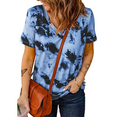 Imagem de EVALESS Moda feminina de verão superdimensionada casual manga curta decote em V camisetas de patchwork de renda 2024 camisetas básicas blusas camisetas, B, azul-celeste, XXG
