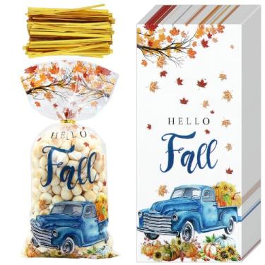 Imagem de Hello Fall Sacos de presente com laços torcidos, 100 peças, sacos de guloseimas de celofane de outono, folhas de bordo, para Dia de Ação de Graças, sacos de plástico transparente para violoncelo,