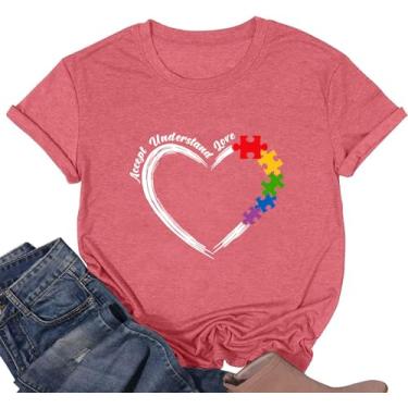 Imagem de Camiseta feminina de conscientização do autismo, camiseta com estampa "Accept Understand Love", manga curta, casual, Fnt0017-rosa, M