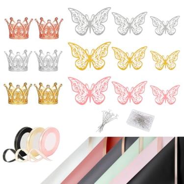 Imagem de LePvo Conjunto de papel de embrulho de buquê de 241 peças, papel de embrulho floral, suprimentos de embrulho de flores artesanais DIY com vários tamanhos de borboleta, coroas, fitas e alfinetes de