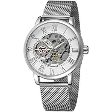 Imagem de Relógio mecânico automático da moda masculino, corrente de rede, mostrador transparente à prova d'água, pulseira de metal de aço inoxidável, casual mineral, vidro temperado, espelho, embalag