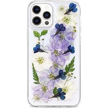 Imagem de Abbery Capa projetada para iPhone 12 Pro Max com flores prensadas, lindo glitter brilhante transparente com design de silicone macio TPU borracha seca verdadeira floral estética para mulheres e