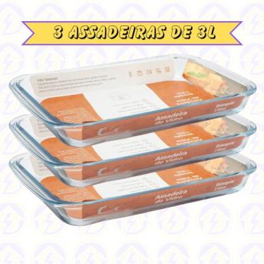 Imagem de 3 Peça Assadeira Lasanheira de Vidro Retangular 3L Forno Grelhados - C