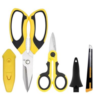 Imagem de Tesoura utilitária resistente, tesoura multiuso com capa protetora, tapete de corte, fios, couro, tecido (amarelo)