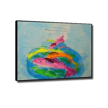 Imagem de JZSDGB Walasse Ting Prints-Free as a Fish Poster-Famous Oil Paintings Reprodução Moderna Impressão em Tela Imagens Abstratas Impressão em Tela Arte de Parede 90x115cm (35x45in) BlackFrame