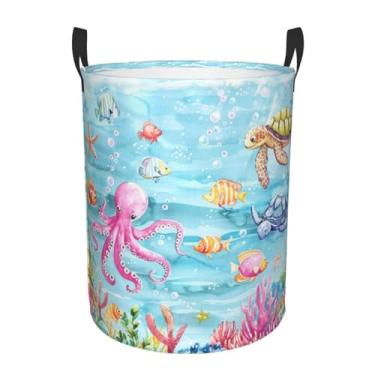 Imagem de Cestos de roupa suja oceânicos cesta de lavanderia náutica grande organizador de brinquedos cesto de bebê dobrável com alças à prova d'água armazenamento de pano Oxford 49,8 cm x 39,9 cm para