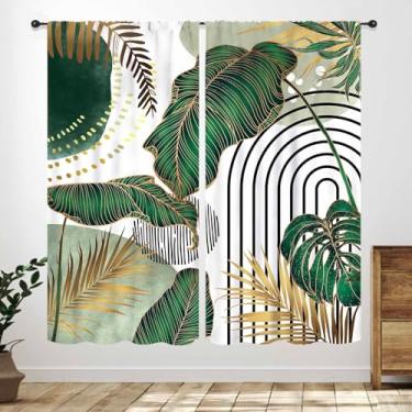Imagem de Cortinas de folhas boêmias verdes, moderno, abstrato, tropical, monstera, folha de palmeira, planta de meados do século, minimalista, primavera, verão, quarto, sala de estar, cozinha, 2 painéis, 106 x