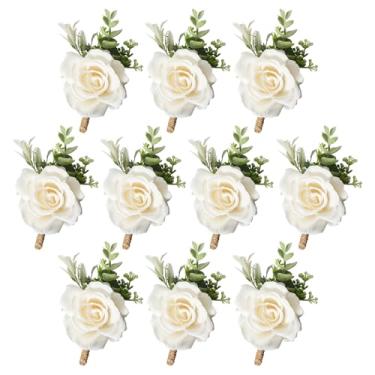 Imagem de Gvhntk Conjunto de 10 padrinhos de casamento com flores artificiais e padrinhos de casamento para cerimônia de casamento, aniversário de casamento, formatura, jantar formal (10, branco, meio)