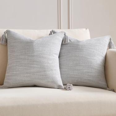 Imagem de Meekio Conjunto de 2 capas de almofada brancas cinza 45,72 x 45,72 cm texturizadas decorativas com borlas para decoração de casa