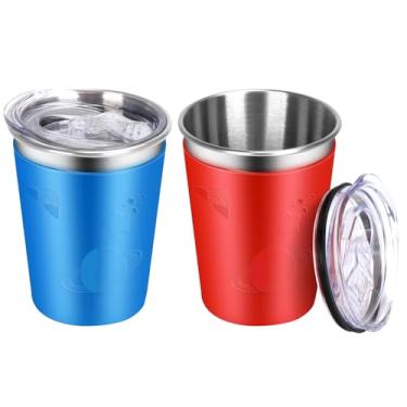 Imagem de ShineMe Copos de aço inoxidável para crianças, pacote com 2 copos infantis com tampas e mangas fofas de personagens espaciais, copos sem derramamento de 340 g para crianças pequenas reutilizáveis e